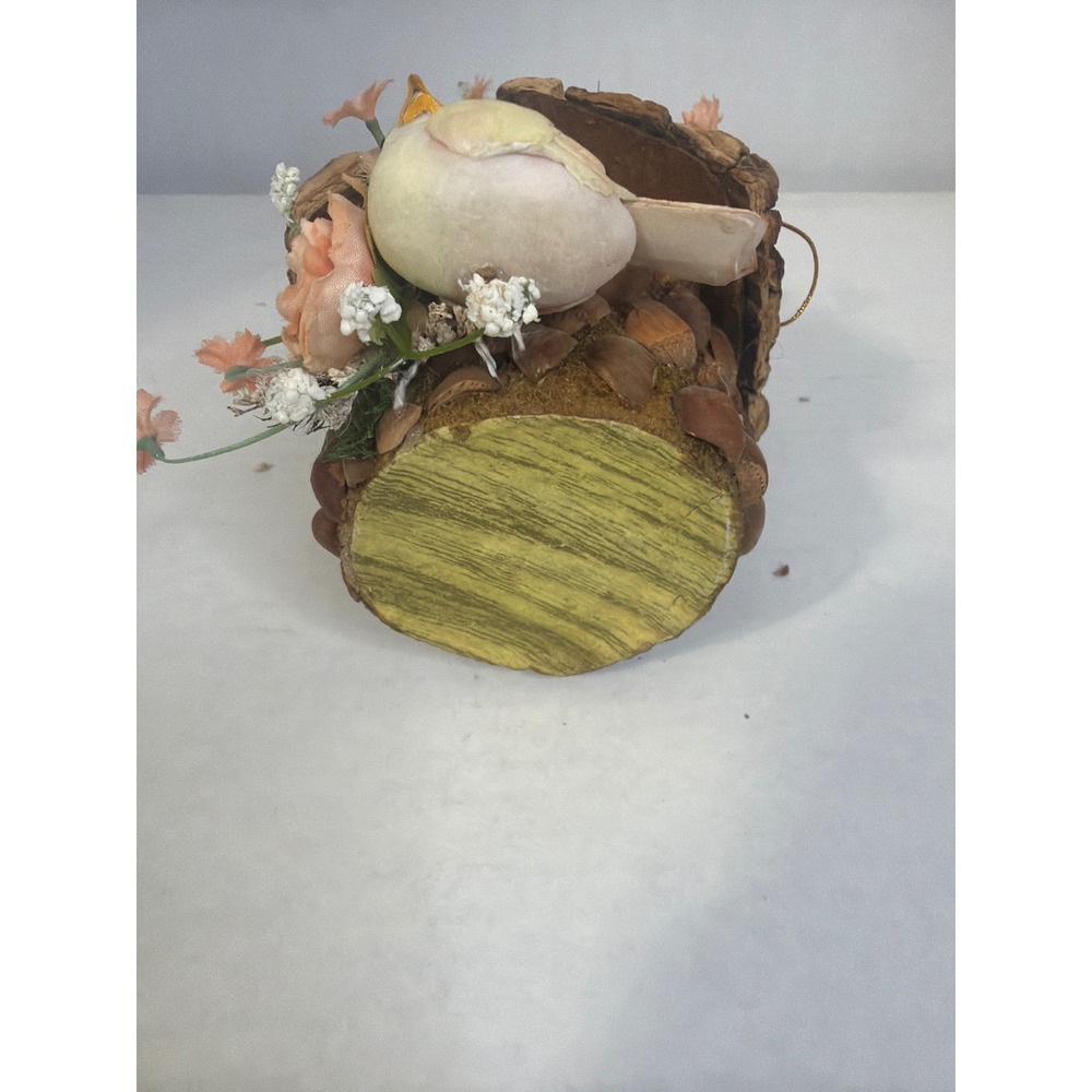 Rustic Bark and Nut Shell Birdhouse Ornament Peach Floral Accents - Picture 6 of 10